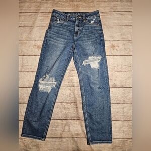 American Eagle Stretch Medium Blue Wash Distressed High Waisted Mom Jean's
